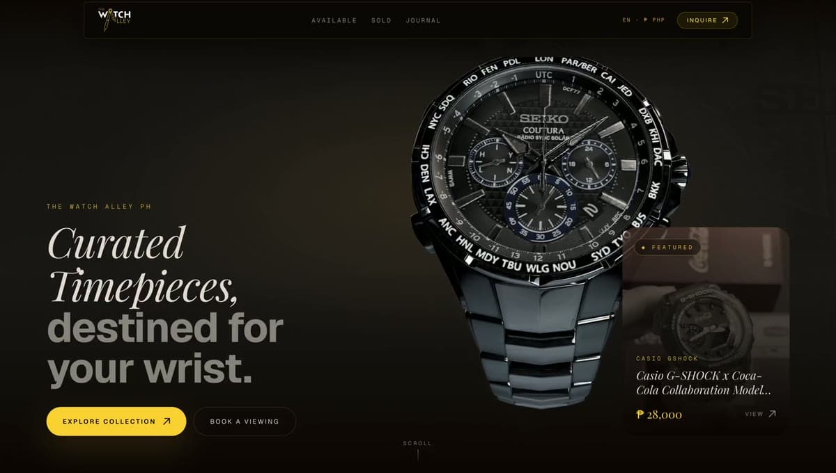The Watch Alley storefront featuring a Seiko Coutura watch