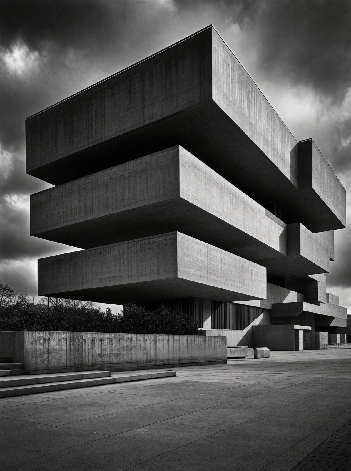Four cantilevered concrete strata stacked under storm clouds